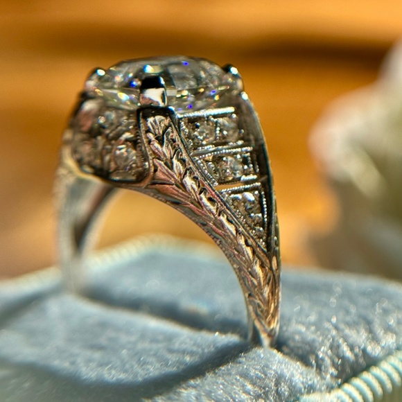 Antique Platinum Emerald Cut Diamond 2.91 ctw Engagement Ring IGI Certified - Picture 14 of 17